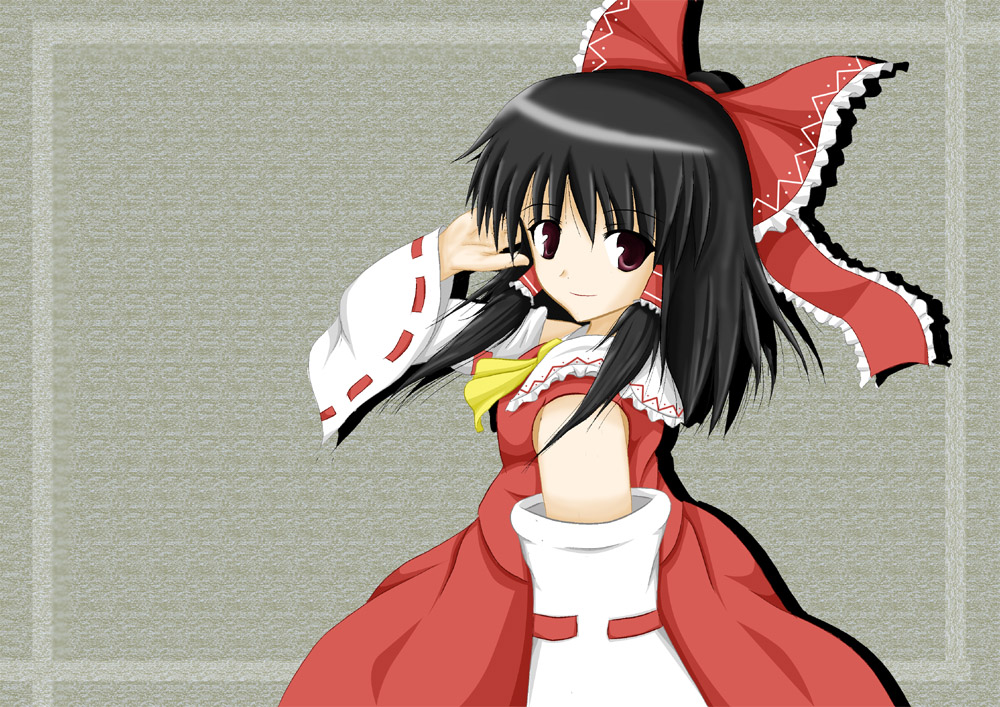 koroogi, hakurei reimu, imperishable night, touhou, 1girl, ascot, black hair, bow, brown eyes, collar, cowboy shot, detached sleeves, female focus, grey background, hair bow, hair tubes, long sleeves, looking at viewer, red bow, short hair, simple background, solo, wide sleeves