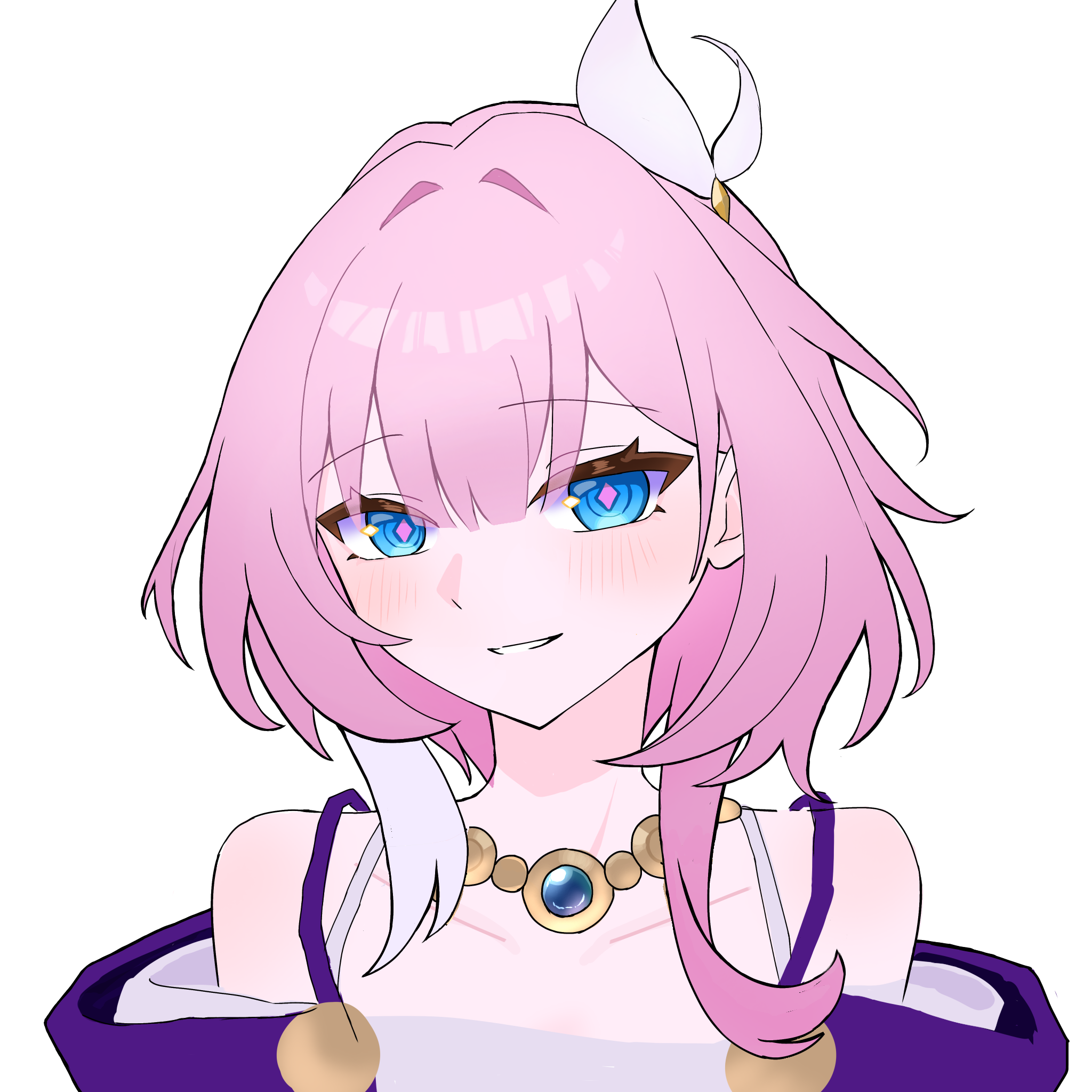 cyrene (honkai: star rail), honkai: star rail, honkai (series), chinese commentary, commentary request, highres, 1girl, bare shoulders, blue eyes, coat, collarbone, cyrene (aedes elysiae) (honkai: star rail), dress, hair ornament, jewelry, looking at viewer, necklace, pink hair, purple coat, short hair, simple background, smile, solo, upper body, white background, white dress, yu (user vvrz4838)
