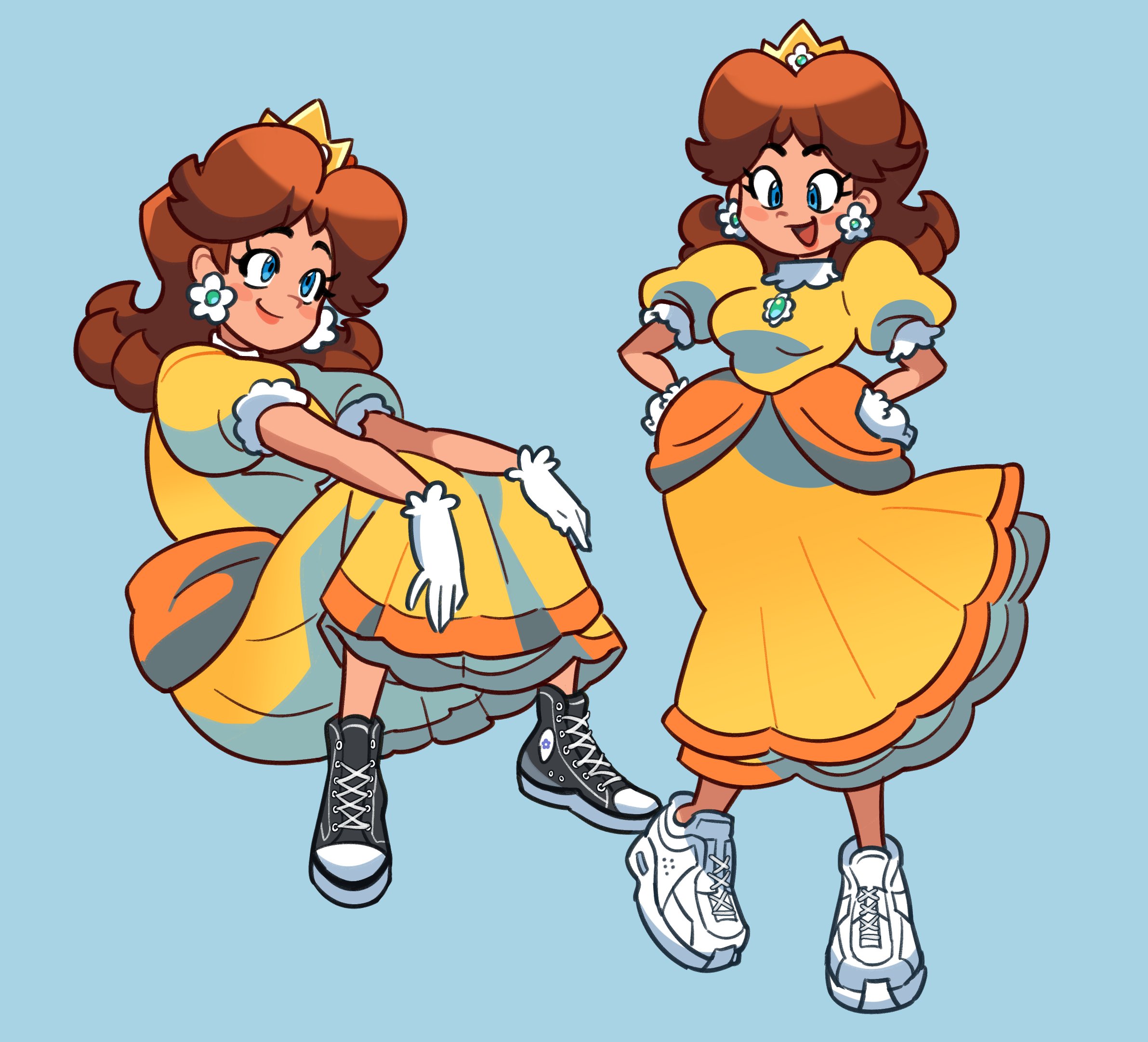 loveycloud, princess daisy, mario (series), nintendo, 1girl, black shoes, blue eyes, brown hair, converse shoes, dress, earrings, flower, gloves, hands on own hips, jewelry, medium hair, multiple views, open mouth, shoes, simple background, sitting, sneakers, white gloves, white shoes, yellow dress