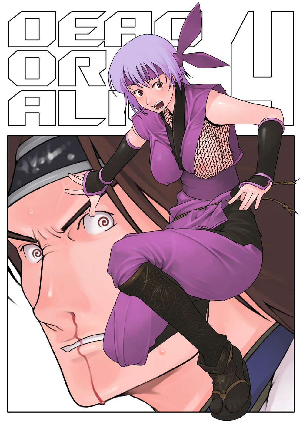 g-room honten, ayane (doa), dead or alive, tecmo, highres, 1boy, 1girl, blood, breast slip, breasts, fishnets, large breasts, ninja, nipples, nosebleed, one breast out, wardrobe malfunction