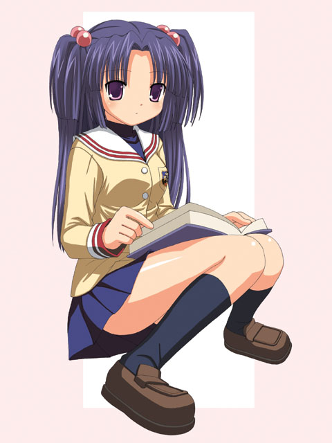 aikawa touma, ichinose kotomi, clannad, 00s, 1girl, book, female focus, hair bobbles, hair ornament, kneehighs, loafers, long hair, school uniform, serafuku, shoes, skirt, socks, solo, twintails, two side up