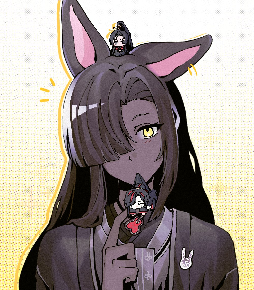 nana nana bot, jia qiu (project moon), zigong (project moon), zilu (project moon), limbus company, project moon, 1boy, 2girls, animal ears, black hair, black hanfu, chibi, chinese clothes, dark-skinned female, dark skin, hair over one eye, hand fan, hanfu, high ponytail, long hair, long sleeves, looking at viewer, multiple girls, ponytail, rabbit ears, rabbit girl, rabbit pin, red streaks, simple background, solo focus, upper body, yellow background, yellow eyes
