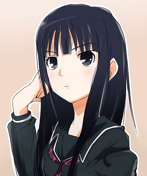 ixy, futami eriko, kimi kiss, beige background, 1girl, arm up, black hair, black serafuku, blunt bangs, blush, female focus, green shirt, long sleeves, school uniform, serafuku, shirt, simple background, solo, upper body