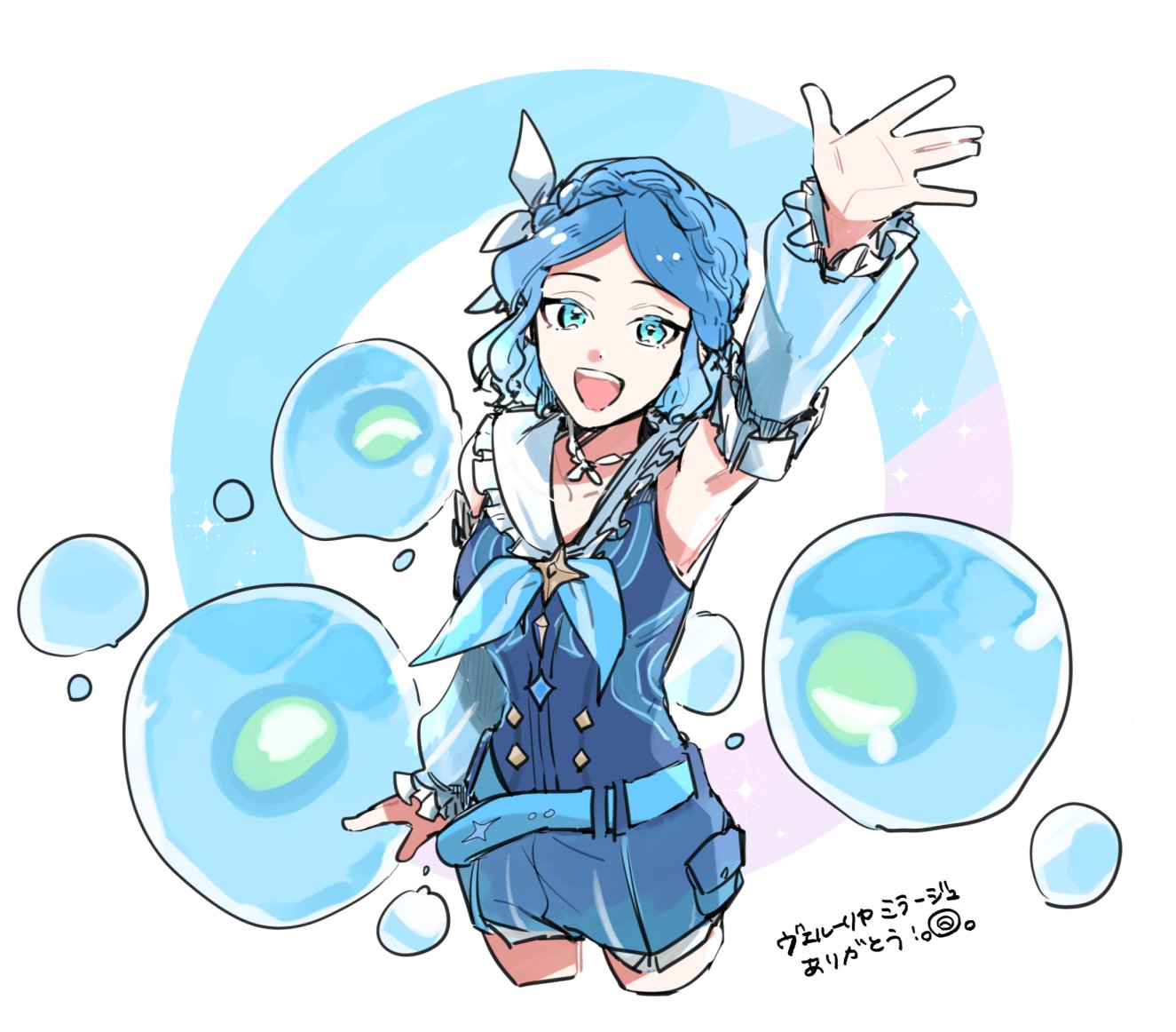 nendo (n), idyia (genshin impact), genshin impact, commentary request, translation request, 1girl, :d, arm up, belt, blue belt, blue eyes, blue hair, blue shirt, blue shorts, blue sleeves, braid, buttons, choker, cropped legs, crown braid, detached sleeves, frilled sailor collar, frilled sleeves, frills, gradient hair, hair ribbon, hydro eidolon (genshin impact), long sleeves, looking at viewer, multicolored hair, open mouth, parted bangs, puffy shorts, ribbon, sailor collar, shirt, short hair, shorts, simple background, sleeveless, sleeveless shirt, smile, solo, teeth, upper teeth only, white background, white choker, white ribbon, white sailor collar