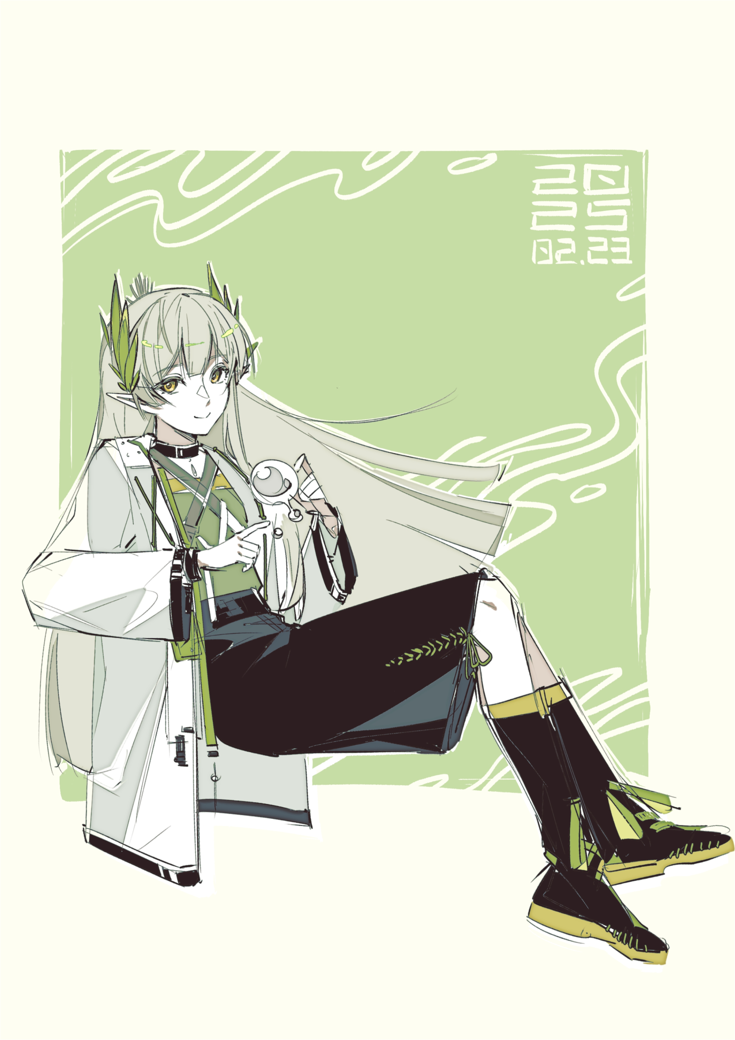 bingyu460, muelsyse (arknights), arknights, absurdres, chinese commentary, commentary request, highres, 1girl, black boots, black choker, black skirt, boots, border, choker, closed mouth, coat, dated, elf, full body, green background, green shirt, grey hair, invisible chair, knee boots, lab coat, long sleeves, looking at viewer, open clothes, open coat, outside border, pale skin, pointy ears, shirt, sitting, skirt, smile, solo, white border, white coat, wide sleeves, yellow eyes
