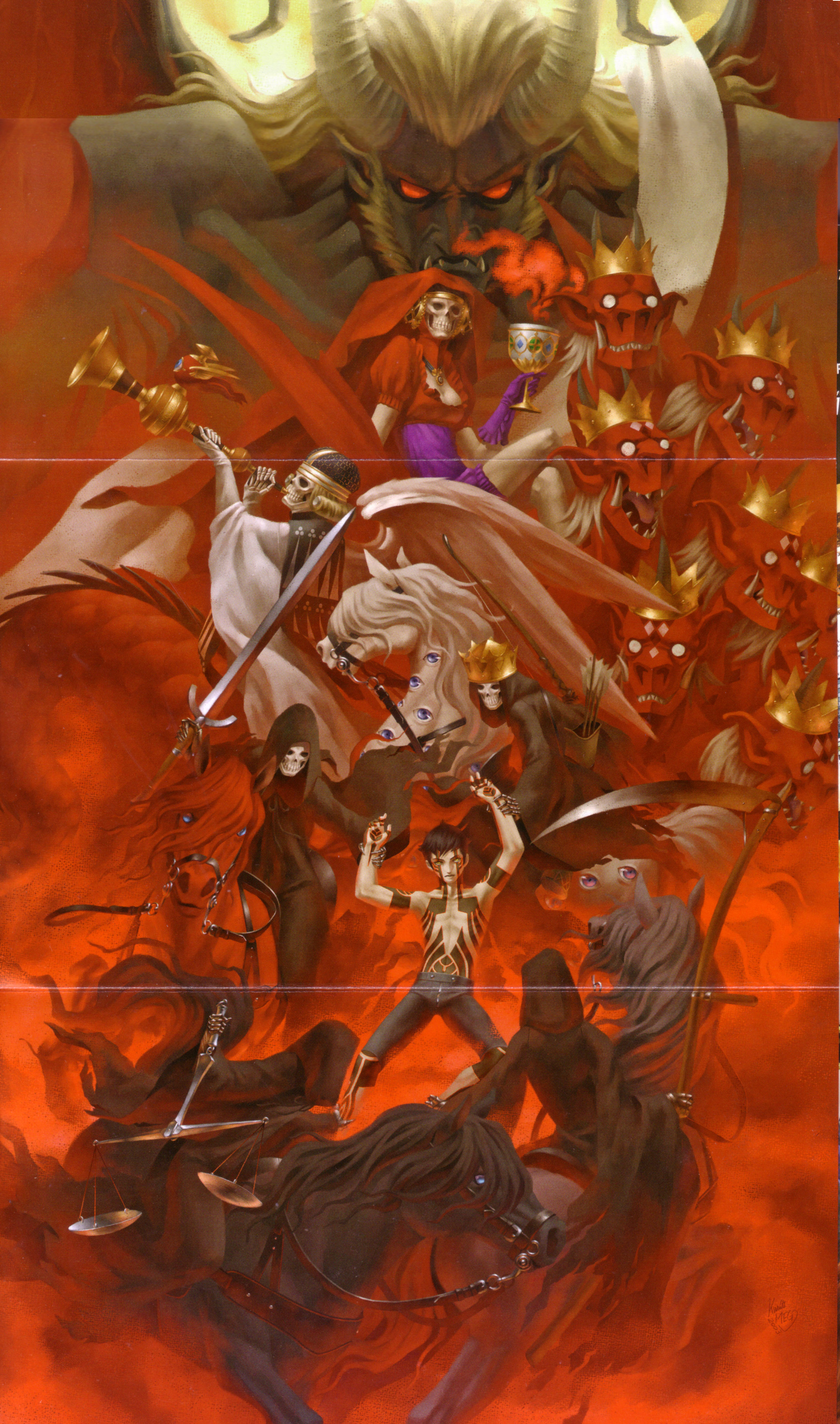 kazuma kaneko, black rider, demi-fiend, lucifer (megami tensei), mother harlot, nocturne, pale rider, red rider, trumpeter, white rider, atlus, shin megami tensei, shin megami tensei iii: nocturne, absurdres, highres, 1boy, arrow (projectile), bow (weapon), chalice, crown, cup, demon (megami tensei), instrument, quiver, scythe, sword, trumpet, weapon, weighing scale