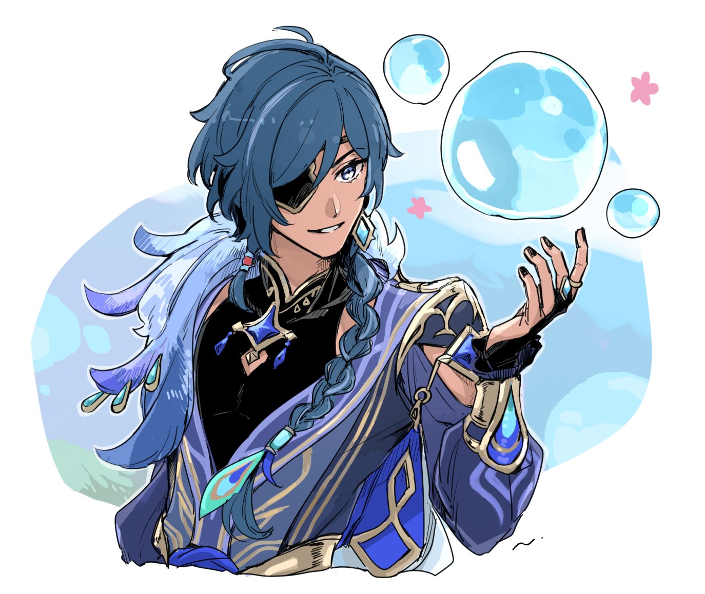 nendo (n), kaeya (genshin impact), kaeya (sailwind shadow) (genshin impact), genshin impact, commentary request, 1boy, antenna hair, black nails, black shirt, blue eyes, blue gemstone, blue hair, blue jacket, braid, bridal gauntlets, dark-skinned male, dark skin, earrings, eyepatch, feather hair ornament, feather trim, feathers, fingernails, gem, gold trim, hair between eyes, hair ornament, hair over shoulder, hydro eidolon (genshin impact), jacket, jewelry, long hair, long sleeves, looking to the side, male focus, multicolored hair, nail polish, one eye covered, parted bangs, parted lips, peacock feathers, ring, shirt, single braid, single earring, sleeveless, sleeveless shirt, smile, solo, streaked hair, upper body, white background