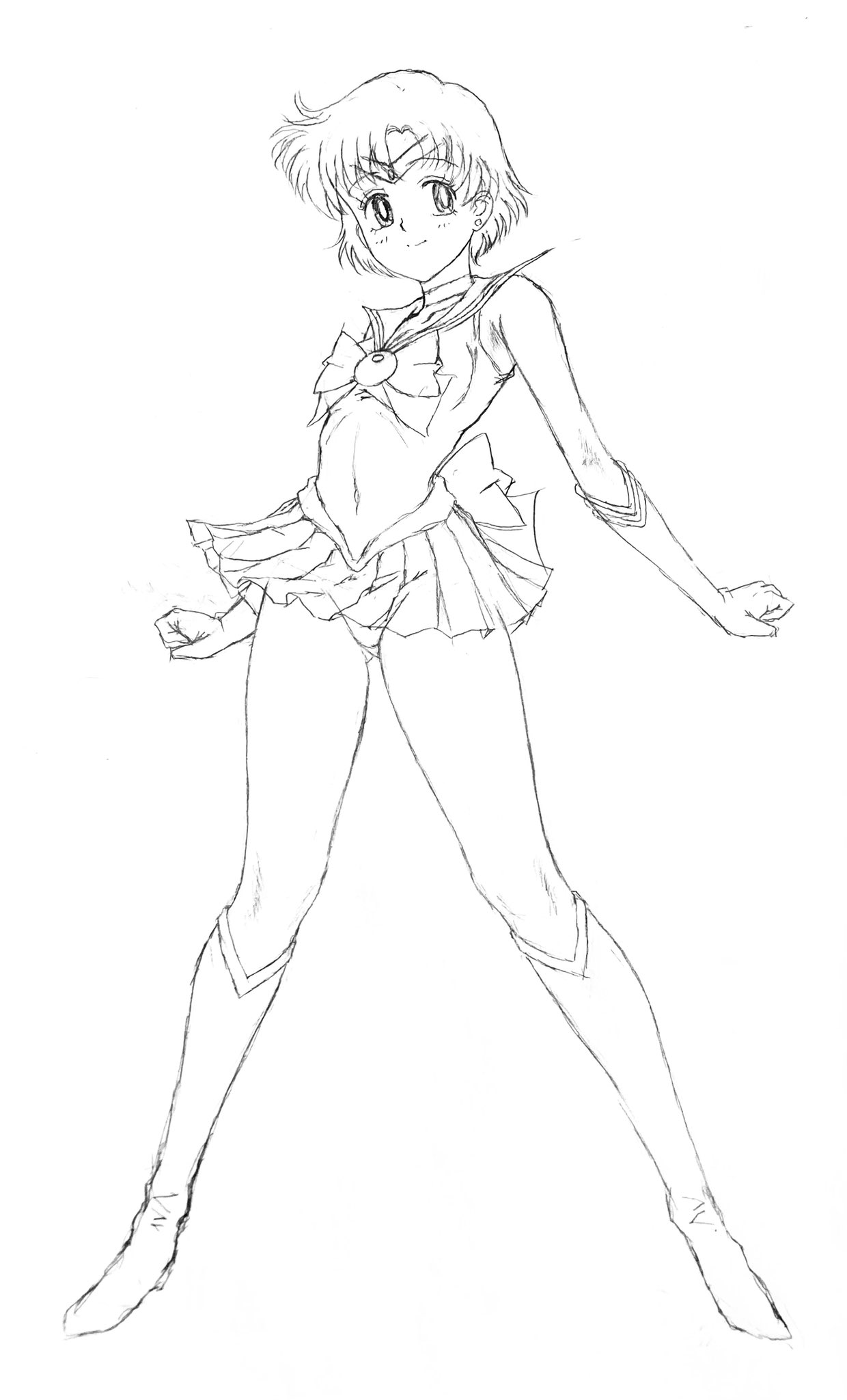 kankanze, mizuno ami, sailor mercury, bishoujo senshi sailor moon, graphite (medium), highres, traditional media, armpits, back bow, bow, bowtie, breasts, brooch, elbow gloves, gloves, jewelry, looking at viewer, parted bangs, pleated skirt, short hair, skirt, small breasts, smile, white gloves