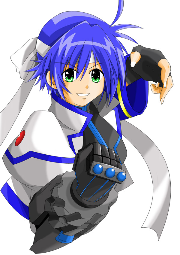 revolver knuckle, subaru nakajima, lyrical nanoha, mahou shoujo lyrical nanoha, mahou shoujo lyrical nanoha strikers, 00s, 1girl, androgynous, antenna hair, black gloves, blue hair, clenched hand, collar, female focus, fingerless gloves, gauntlets, gloves, green eyes, short hair, simple background, solo, upper body, white background