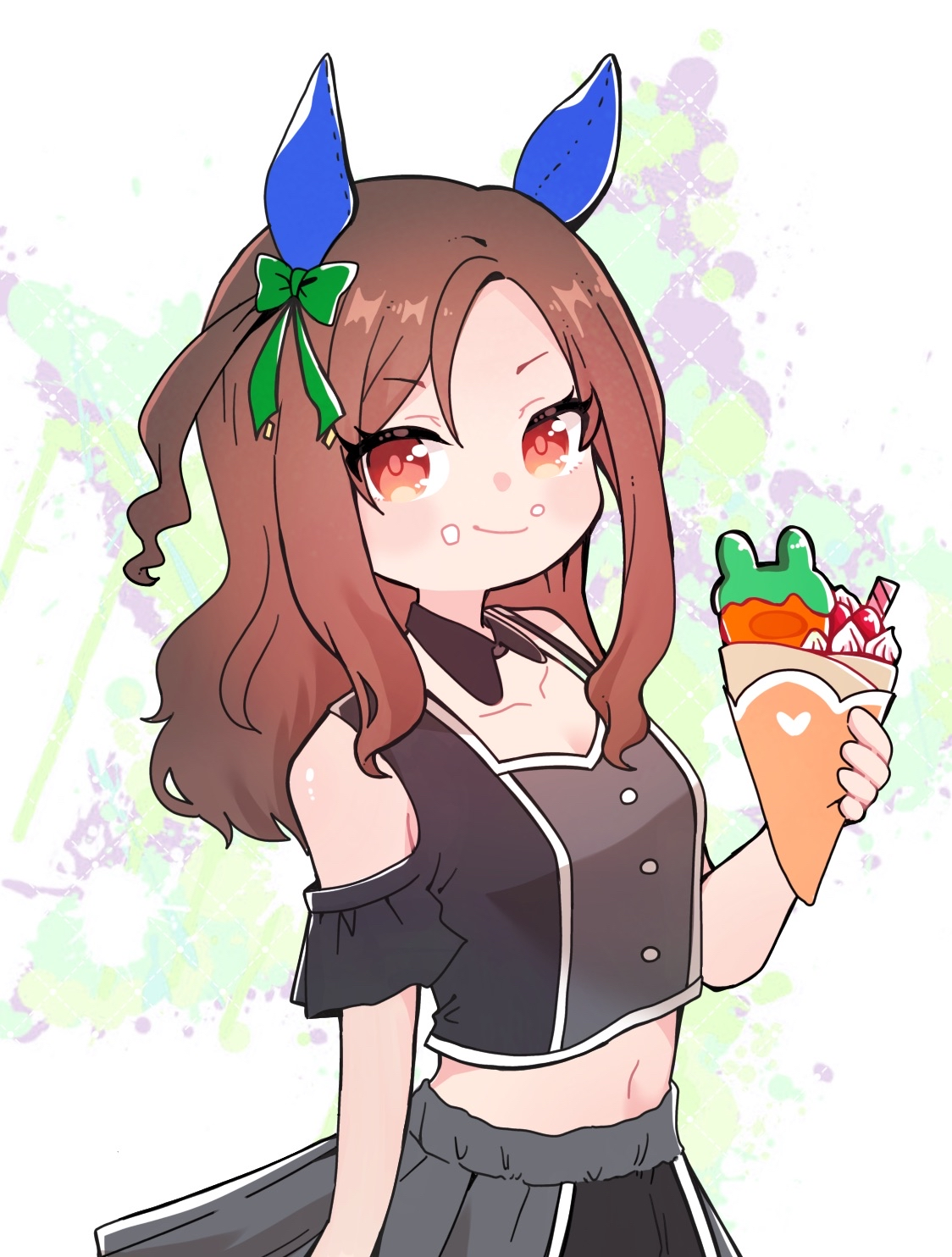 segawa rui, king halo (umamusume), umamusume, highres, 1girl, animal ears, black skirt, brown hair, collarbone, ear covers, food, holding, holding food, horse ears, horse girl, looking at viewer, off shoulder, red eyes, skirt, smile, solo