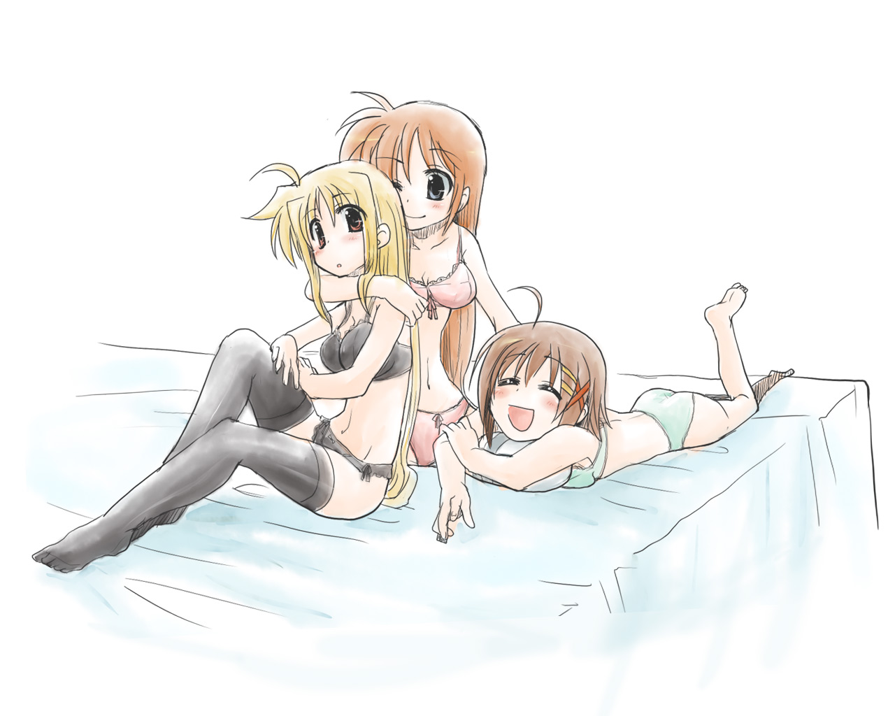 fate testarossa, takamachi nanoha, yagami hayate, lyrical nanoha, mahou shoujo lyrical nanoha, mahou shoujo lyrical nanoha strikers, 00s, 3girls, arm around neck, bed, blonde hair, bra, lingerie, lying, multiple girls, on stomach, one eye closed, panties, pillow, sitting, sketch, smile, thighhighs, underwear, underwear only, wink