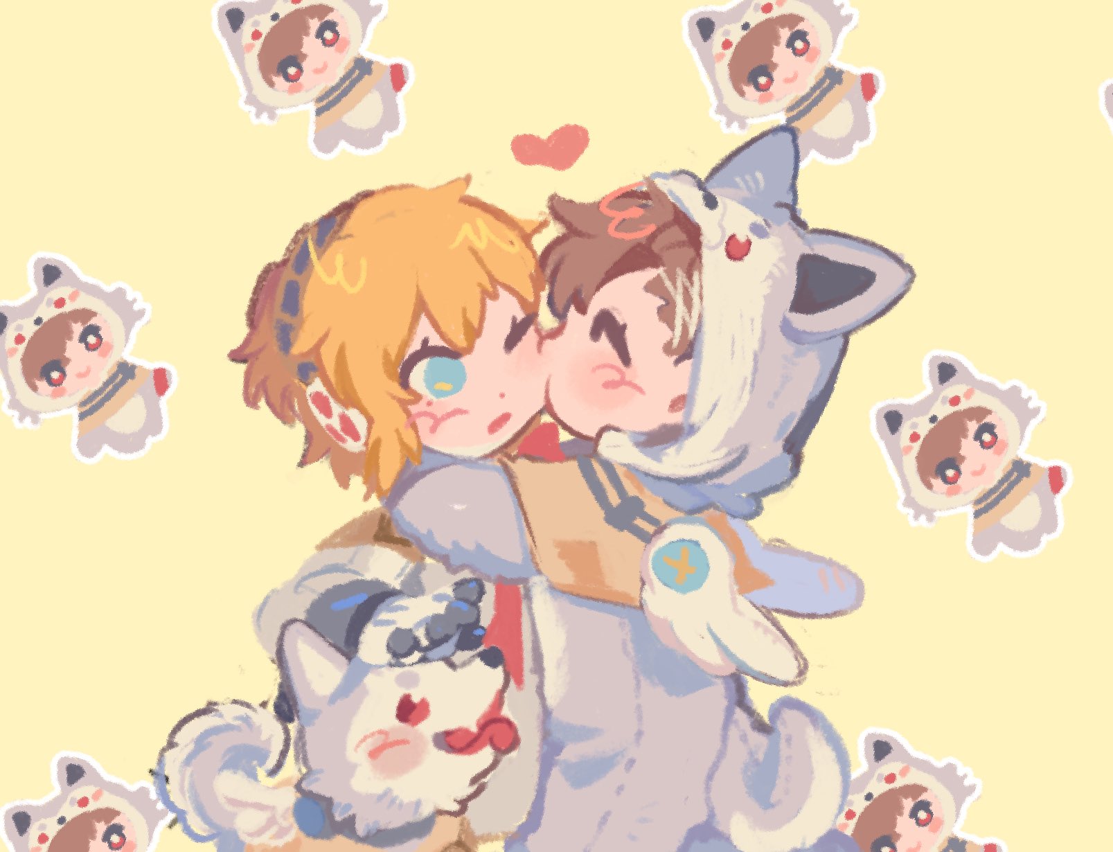 aigis (persona), koromaru (persona), shiomi kotone, persona, persona 3, persona 3 portable, commentary request, highres, korean commentary, 2girls, animal, animal costume, animal hood, blonde hair, blue eyes, blush, brown hair, chibi, closed eyes, cosplay, dog, dog costume, fake wings, heart, hood, hug, kigurumi, kiss, kissing cheek, koromaru (persona) (cosplay), looking at another, multiple girls, one eye closed, short hair, simple background, standing, wings, xikq0py, yellow background, yuri