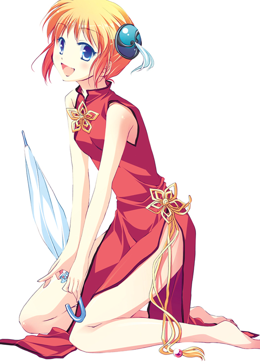 motomiya mitsuki, kagura (gintama), gintama, 00s, 1girl, barefoot, blue eyes, blush, bun cover, china dress, chinese clothes, double bun, dress, female focus, flat chest, hair bun, hair ornament, happy, kneeling, orange hair, short hair, side slit, sleeveless, solo, umbrella