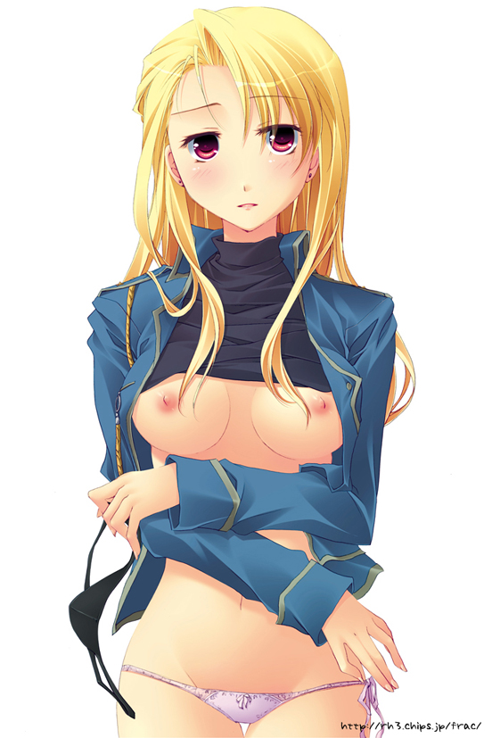 motomiya mitsuki, riza hawkeye, fullmetal alchemist, 00s, 1girl, blonde hair, blush, bra, breasts, clothes lift, earrings, female focus, hair down, jewelry, lingerie, long hair, lowleg, lowleg panties, military, military uniform, nipples, open clothes, open shirt, panties, pink panties, red eyes, shirt, shirt lift, side-tie panties, solo, underwear