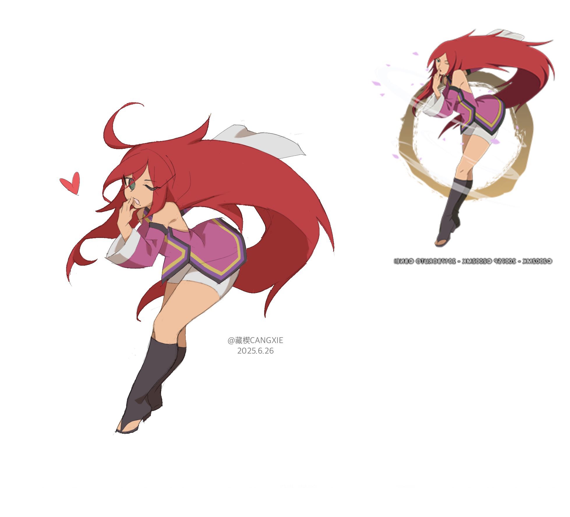 cangxie, fuuka (naruto), naruto (classic), naruto (series), naruto shippuuden, chinese commentary, commentary, highres, 1girl, 2025, arm at side, arm up, bare legs, blowing kiss, boots, breasts, cherry blossoms, chibi, collarbone, detached sleeves, falling petals, female focus, full body, green eyes, hair over shoulder, halter shirt, halterneck, large breasts, leaning forward, long hair, long sleeves, looking at viewer, mole, mole under mouth, open-toe boots, parted bangs, petals, red hair, red lips, red sleeves, reference inset, shorts, side slit, simple background, socks, solo, standing, standing on one leg, straight hair, tiptoes, upper body, very long hair, white background, white shorts, wide sleeves