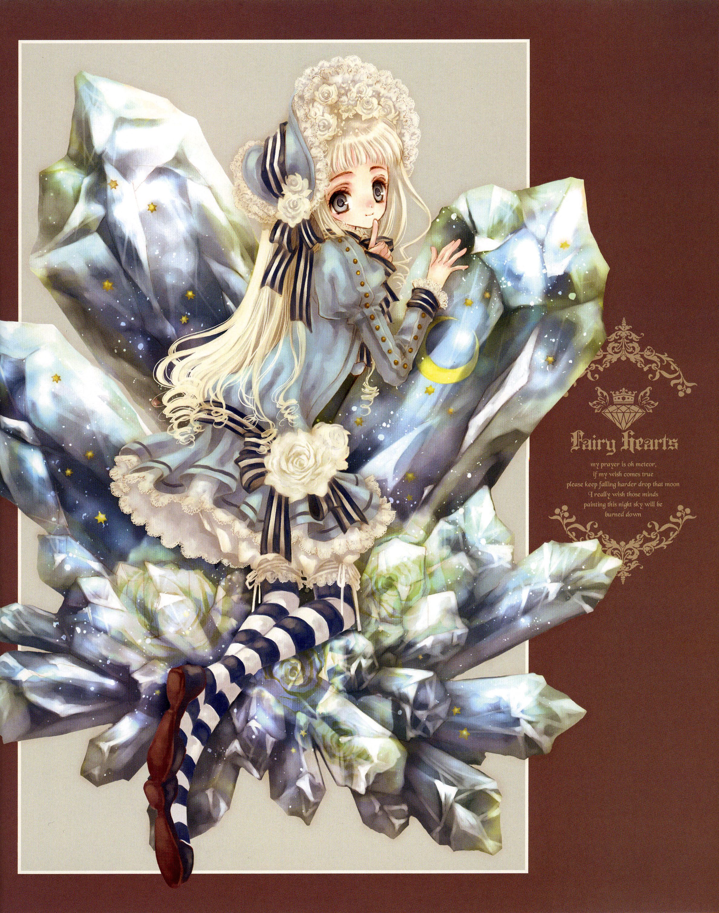 azumi tooru, tohru adumi, fairy hearts, absurdres, highres, 1girl, blonde hair, bonnet, brown eyes, crystal, dress, faux figurine, female focus, frilled bonnet, frills, grey dress, juliet sleeves, long hair, long sleeves, looking at viewer, puffy long sleeves, puffy sleeves, rock, solo, striped clothes, striped thighhighs, text focus, thighhighs, very long hair, zettai ryouiki