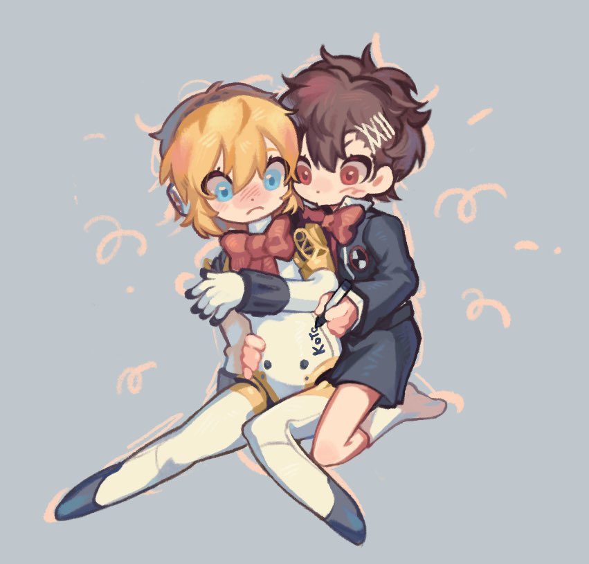 aigis (persona), shiomi kotone, persona, persona 3, persona 3 portable, commentary request, korean commentary, 2girls, android, black jacket, black skirt, blonde hair, blue background, blue eyes, blush, body writing, bow, bowtie, brown hair, character name, closed mouth, frown, full body, gekkoukan high school uniform, hand on another's waist, holding, holding marker, jacket, joints, kneeling, long sleeves, looking at another, looking down, marker, multiple girls, red bow, red bowtie, red eyes, robot joints, school uniform, short hair, simple background, sitting, skirt, socks, white socks, xikq0py, yuri