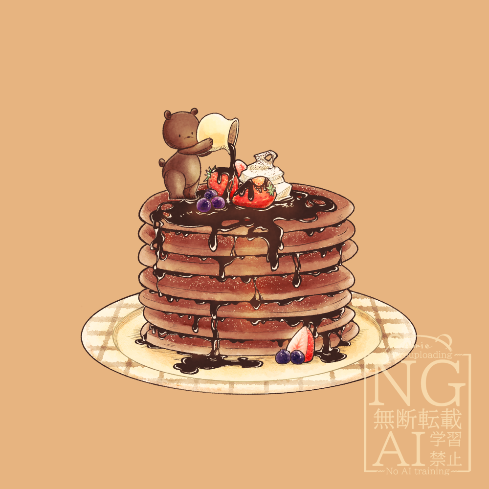 original, amie bear, animal, bear, blueberry, brown background, chocolate syrup, food, food focus, fruit, no humans, pancake, pancake stack, plate, pouring, simple background, strawberry, watermark