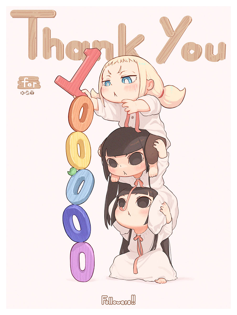 kozato (yu kozato), little blonde girl (kozato), original, commentary request, highres, 3girls, :<, barefoot, black eyes, black hair, blonde hair, blue eyes, blush, brown background, brown pants, closed mouth, dress, long sleeves, milestone celebration, multiple girls, pants, ponytail, shirt, short eyebrows, siblings, simple background, sisters, stacking, thank you, thick eyebrows, twins, v-shaped eyebrows, white dress, white shirt