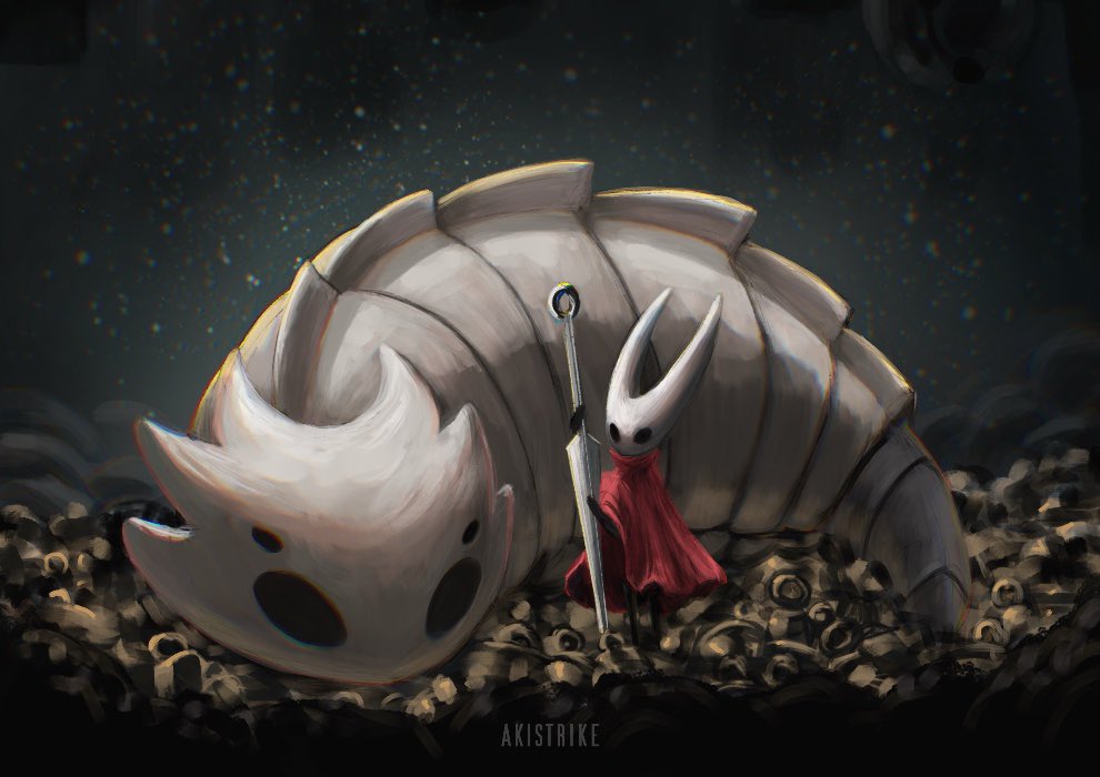 aki (akistrike), bell beast (hollow knight), hornet (hollow knight), hollow knight, hollow knight: silksong, arthropod girl, artist name, bell, bug, cloak, full body, hollow eyes, horned mask, looking at another, lying, mask, needle (hollow knight), red cloak, standing