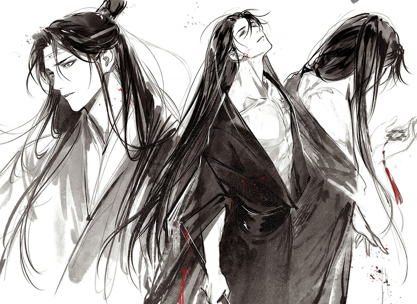 kkcoocool, lan wangji, wei wuxian, wei wuxian (yiling laozu), modao zushi, 2boys, bare pectorals, black eyes, black hair, black hanfu, black robe, blood, blood on face, blood splatter, branded, chenqing flute, chinese clothes, dizi, flute, flute tassel, from behind, frown, hair between eyes, hair bun, hanfu, head back, head down, headband, holding, holding flute, holding instrument, instrument, long hair, male focus, multiple boys, open clothes, open robe, parted bangs, parted lips, pectorals, robe, spot color, tassel, topknot, transverse flute, upper body, very long hair, white background, white eyes, white hanfu, white headband, wide sleeves