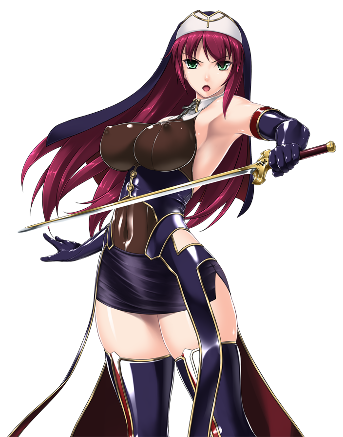 rindou (radical dream), game cg, large variant set, non-web source, official art, variant set, 1girl, armpits, bare shoulders, breasts, covered erect nipples, covered navel, elbow gloves, gloves, green eyes, holding, holding sword, holding weapon, huge breasts, latex, left-handed, liese heldebrand, long hair, looking at viewer, miniskirt, nengoku no liese, nun, open mouth, purple hair, red hair, shiny clothes, side slit, skin tight, skirt, solo, sword, thighhighs, transparent background, weapon