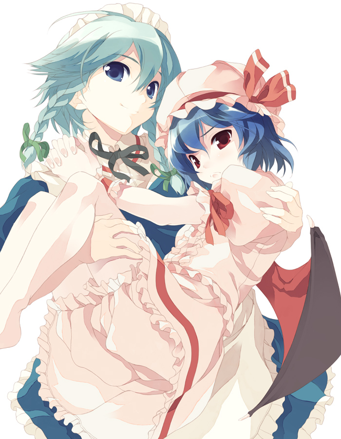 shirota dai, izayoi sakuya, remilia scarlet, touhou, silver hair, 2girls, barefoot, bat wings, bloomers, blue eyes, blue hair, braid, carrying, female focus, hat, maid, maid headdress, multiple girls, own hands clasped, own hands together, pout, princess carry, red eyes, short hair, smile, twin braids, underwear, white bloomers, wings, wrist cuffs