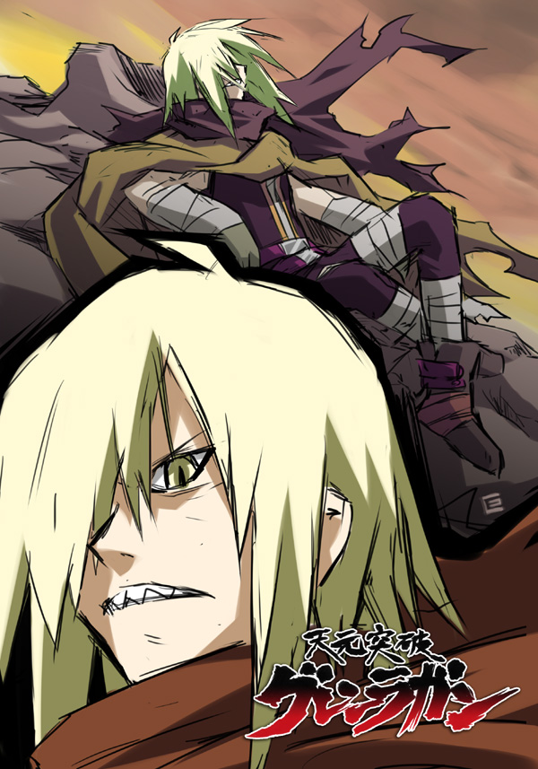 eretto, viral (ttgl), tengen toppa gurren lagann, 00s, 1boy, bandages, blonde hair, cloak, hair over one eye, long hair, male focus, outdoors, sharp teeth, sky, solo, teeth