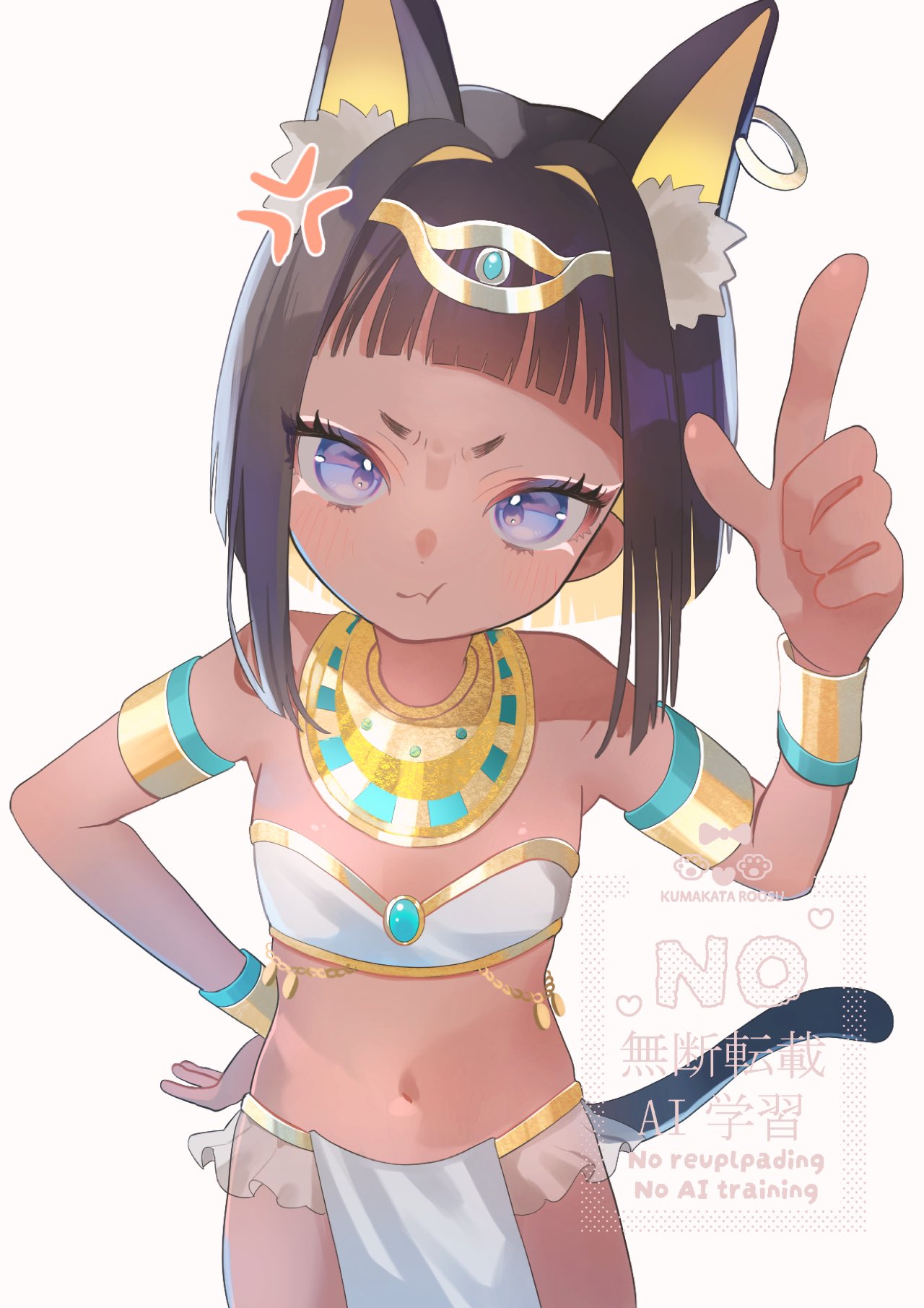highres, 1girl, ancient egyptian, ancient egyptian clothes, anger vein, animal ear fluff, animal ears, bare shoulders, black hair, brown hair, cat ears, cat girl, cat tail, closed mouth, cowboy shot, dark-skinned female, dark skin, earrings, flat chest, jewelry, kumakata roosu, looking at viewer, midriff, navel, pout, purple eyes, short hair, simple background, single earring, solo, stomach, tail