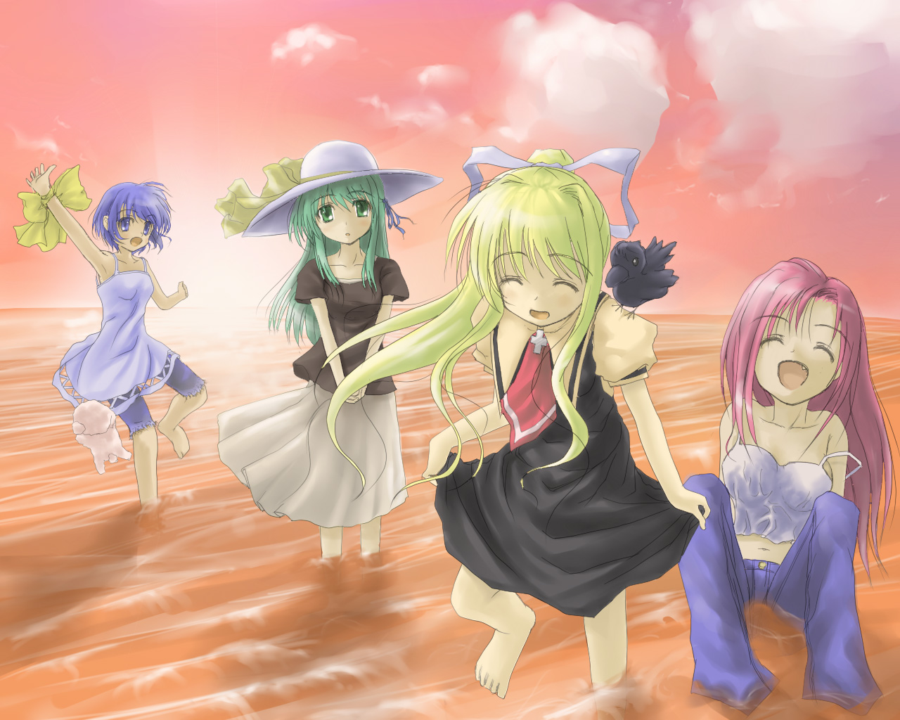satou takeshi, kamio haruko, kamio misuzu, kirishima kano, sora (air), toono minagi, air (visual novel), 00s, 4girls, :d, ^ ^, barefoot, bird, blonde hair, breasts, camisole, cleavage, closed eyes, collarbone, crow, evening, green eyes, green hair, hat, long hair, looking at viewer, multiple girls, ocean, open mouth, pink hair, short hair, sky, small breasts, smile, sun hat, sunset, wading, walking, water