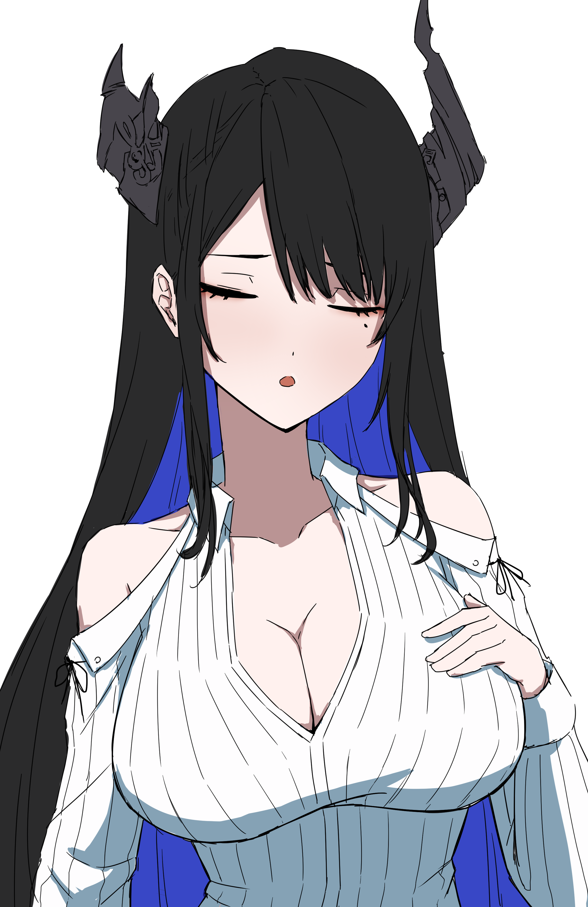 daydarion, nerissa ravencroft, nerissa ravencroft (1st costume), hololive, hololive english, absurdres, commentary, english commentary, highres, 1girl, asymmetrical horns, black hair, black horns, blue hair, breasts, cleavage, closed eyes, clothing cutout, colored inner hair, dress shirt, horns, large breasts, long hair, mole, mole under eye, multicolored hair, open mouth, shirt, shoulder cutout, simple background, solo, very long hair, virtual youtuber, white background, white shirt