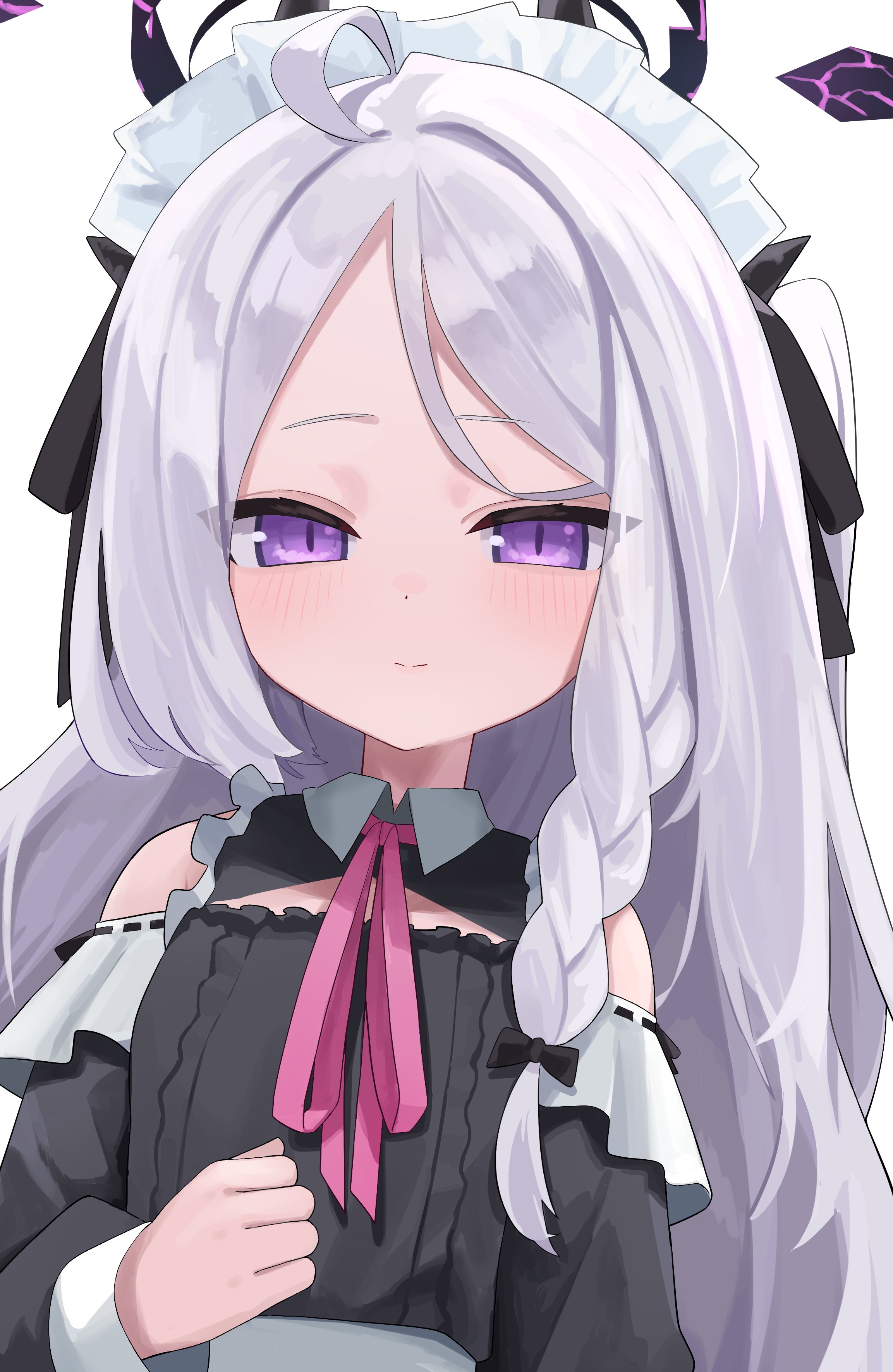 rihitonn, hina (blue archive), blue archive, absurdres, highres, 1girl, ahoge, black halo, blush, breasts, demon girl, demon horns, halo, horns, long hair, looking at viewer, maid, maid headdress, purple eyes, small breasts, solo, upper body, white hair