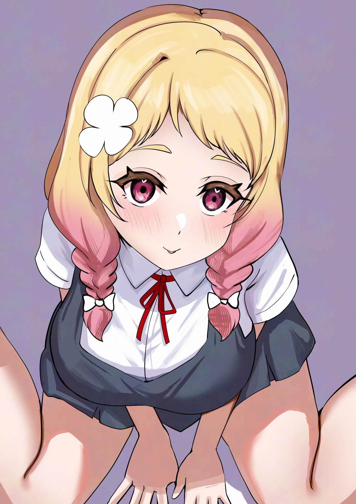 pisagi, onitsuka natsumi, love live!, love live! superstar!!, commentary request, highres, 1girl, between legs, black skirt, black vest, blonde hair, blush, braid, breasts, collared shirt, flower, gradient hair, hair flower, hair ornament, hand between legs, heart, heart-shaped pupils, large breasts, looking at viewer, low twintails, multicolored hair, pink hair, purple background, red eyes, school uniform, shirt, simple background, sitting, skirt, solo, symbol-shaped pupils, thighs, twin braids, twintails, two-tone hair, vest, wariza, white shirt