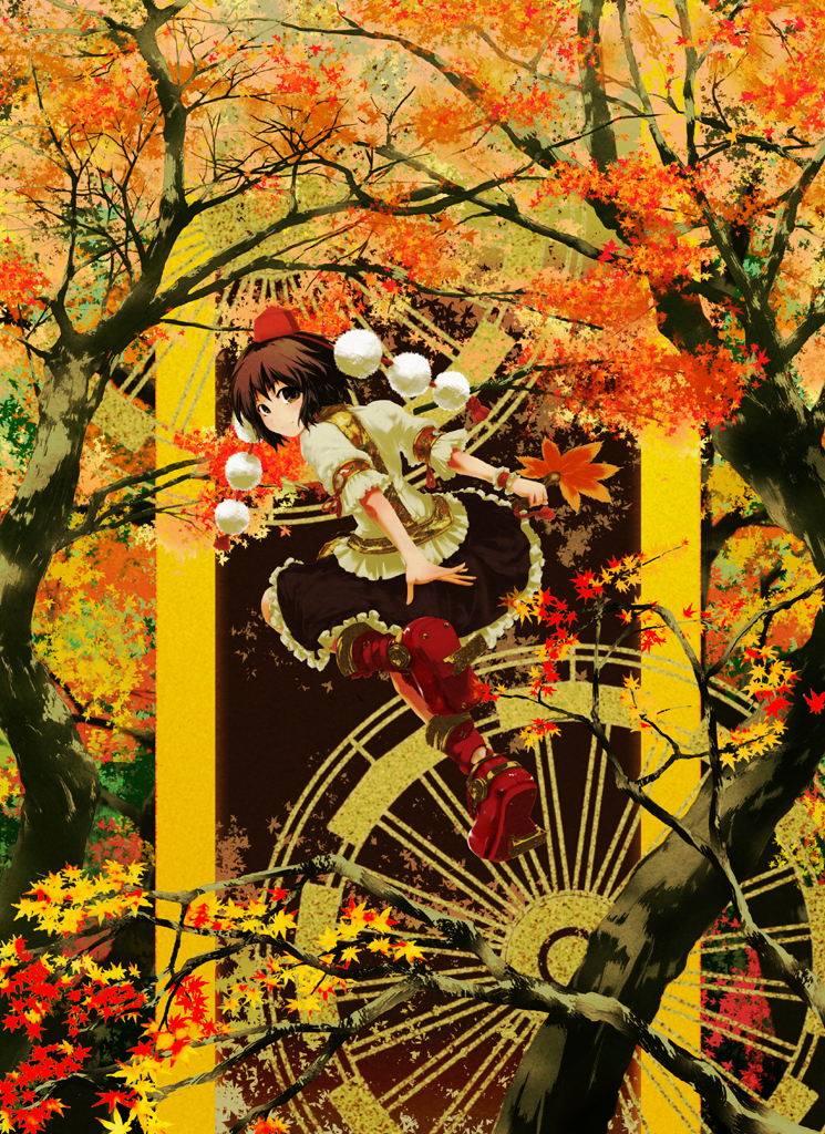 nekoita, shameimaru aya, touhou, red footwear, 1girl, autumn, autumn leaves, bare tree, black skirt, boots, brown eyes, brown hair, female focus, forest, frilled skirt, frills, geta, hat, leaf, looking at viewer, looking back, nature, pom pom (cheerleading), pom pom (clothes), running, scarf, shirt, short hair, short sleeves, skirt, solo, tengu-geta, tokin hat, tree, wheel, white shirt