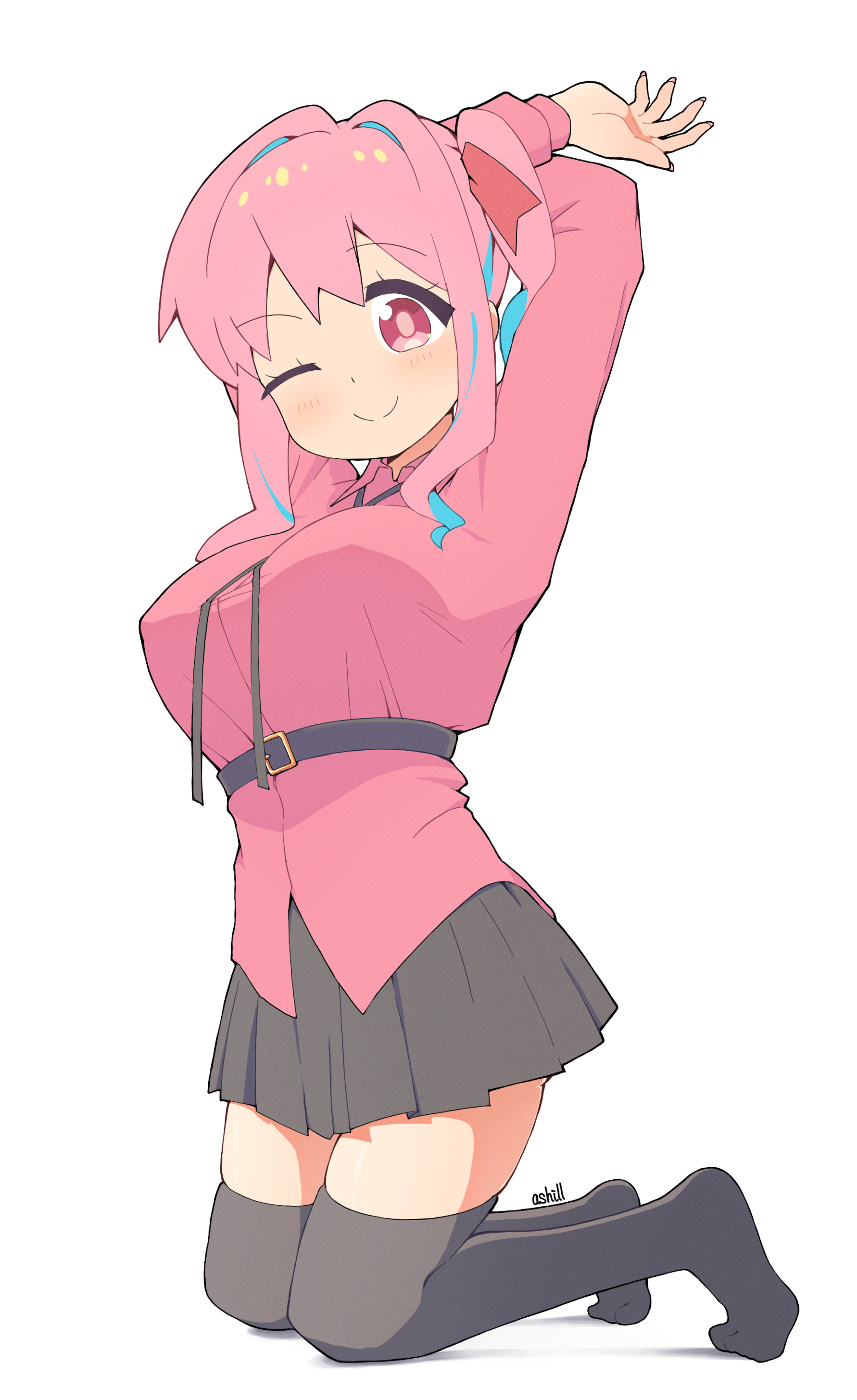 ash (ash illustrator), oyama mihari, onii-chan wa oshimai!, absurdres, commentary request, highres, 1girl, ;), alternate legwear, arms behind head, arms up, artist name, belt, black skirt, black thighhighs, blue hair, bolo tie, breasts, cosplay, full body, hair ribbon, kneeling, large breasts, light blush, long sleeves, looking at viewer, multicolored hair, no shoes, one eye closed, oyama mihari (cosplay), pink eyes, pink hair, pleated skirt, red ribbon, red shirt, ribbon, shirt, side ponytail, simple background, skindentation, skirt, smile, solo, thighhighs, two-tone hair, untucked shirt, white background, zettai ryouiki