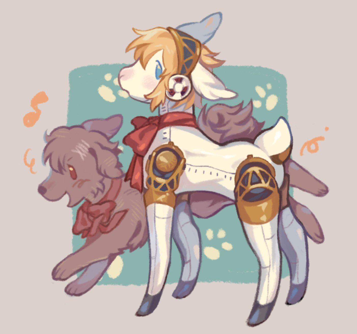 aigis (persona), shiomi kotone, persona, persona 3, persona 3 portable, commentary request, highres, korean commentary, animalization, blonde hair, blue eyes, bow, bowtie, dog, full body, goat, grey background, joints, non-humanoid robot, open mouth, red bow, red bowtie, red eyes, robot, robot animal, robot joints, short hair, simple background, smile, standing, xikq0py