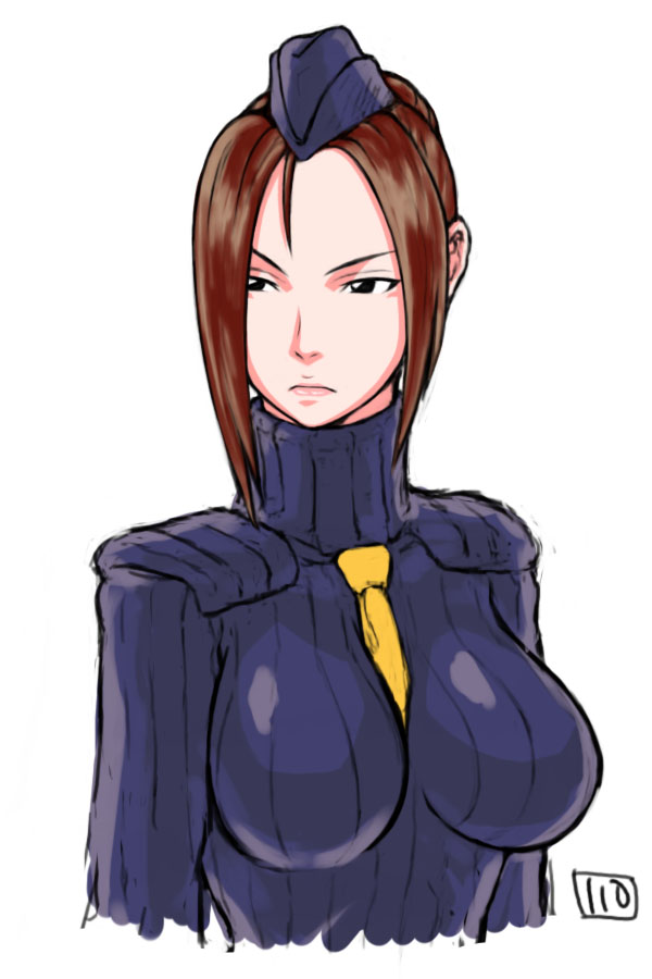 itou yuuji, juli (street fighter), capcom, street fighter, 1girl, breasts, female focus, frown, garrison cap, hat, impossible clothes, necktie, simple background, solo, turtleneck
