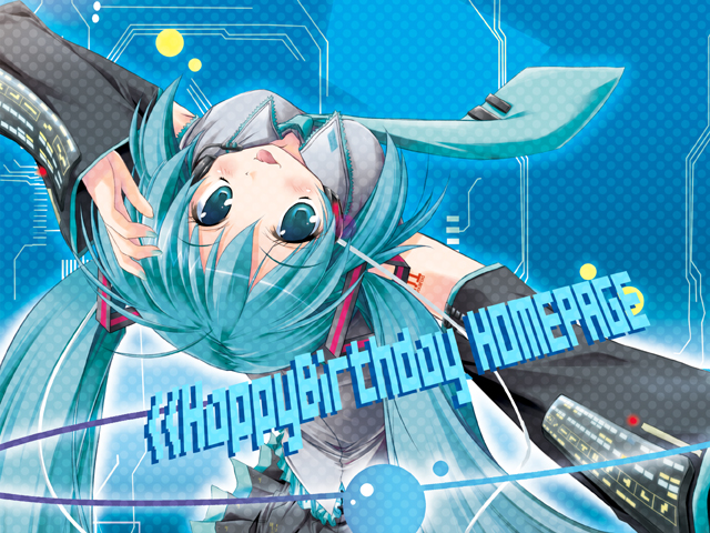happy birthday (artist), hatsune miku, vocaloid, 1girl, aqua eyes, aqua hair, aqua nails, blouse, blue background, breasts, collared shirt, detached sleeves, female focus, frilled shirt, frills, grey shirt, hand on own head, headphones, long hair, nail polish, necktie, pleated skirt, shirt, shoulder tattoo, skirt, sleeveless, sleeveless shirt, solo, tattoo, tongue, tongue out, twintails