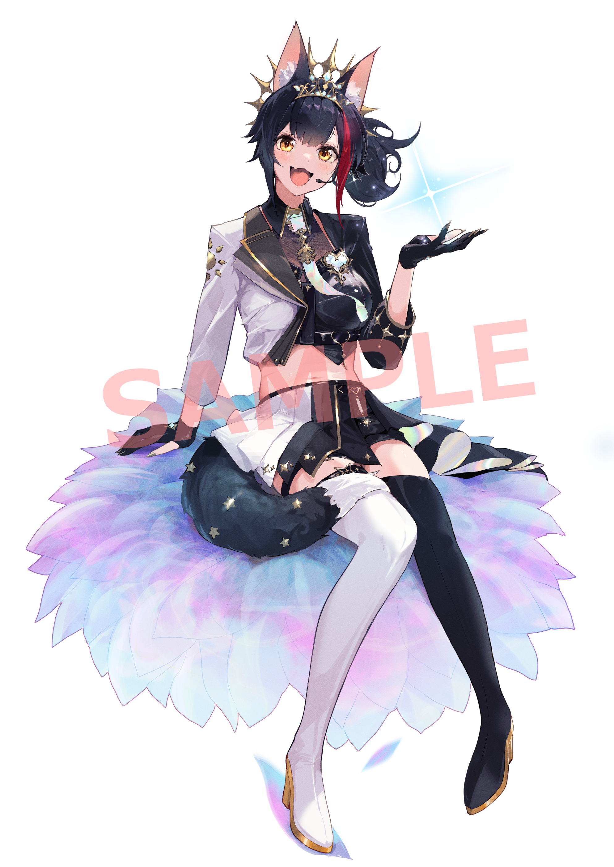 menomeno draw, ookami mio, ookami mio (our sparkle), hololive, absurdres, commentary request, commission, highres, 1girl, :d, animal ear fluff, animal ears, asymmetrical footwear, black boots, black gloves, black hair, black shirt, black skirt, boots, brooch, collared shirt, cropped jacket, cropped shirt, full body, gloves, gold tiara, heart, heart-shaped gem, heart brooch, jacket, jewelry, looking at viewer, midriff, mismatched footwear, multicolored hair, multicolored jacket, navel, official alternate costume, official alternate hairstyle, open mouth, partially fingerless gloves, pleated skirt, red hair, sample watermark, shirt, short hair, side ponytail, simple background, sitting, skirt, smile, solo, streaked hair, thigh boots, two-tone jacket, two-tone skirt, virtual youtuber, watermark, white background, white boots, white skirt, wolf ears, wolf girl, yellow eyes