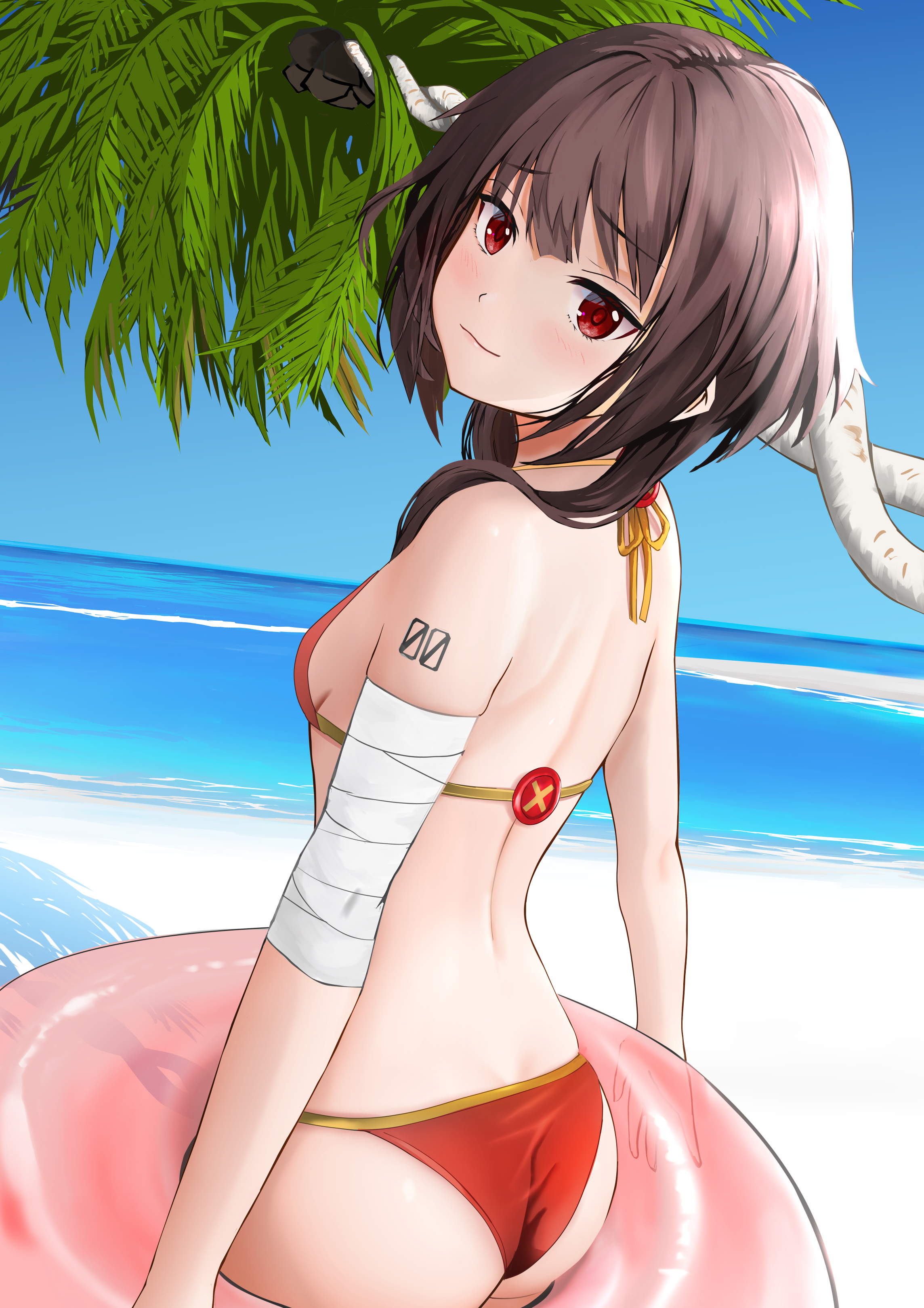 gibun (sozoshu), megumin, kono subarashii sekai ni shukufuku wo!, absurdres, highres, 1girl, ass, back, bandaged arm, bandages, bare back, bare shoulders, beach, bikini, blue sky, breasts, brown hair, closed mouth, cowboy shot, day, dot nose, looking at viewer, ocean, outdoors, palm tree, red bikini, red eyes, short hair, short hair with long locks, sideboob, sky, small breasts, solo, swimsuit, tree