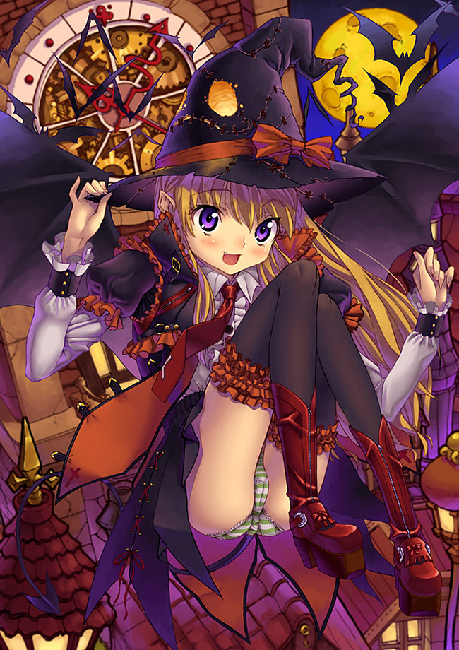 kink (tortoiseshell), original, 1girl, bad anatomy, fang, female focus, halloween, hat, panties, solo, striped clothes, striped panties, thighhighs, underwear, witch hat