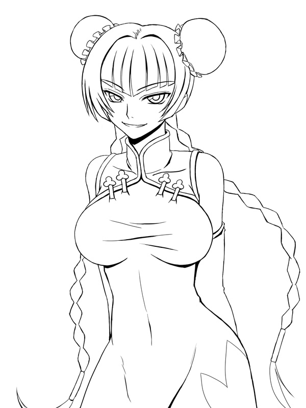 ichimedoo, wang liu mei, gundam, gundam 00, 00s, braid, breasts, bun cover, china dress, chinese clothes, double bun, dress, elbow gloves, gloves, greyscale, large breasts, long hair, monochrome, smile, solo, twin braids