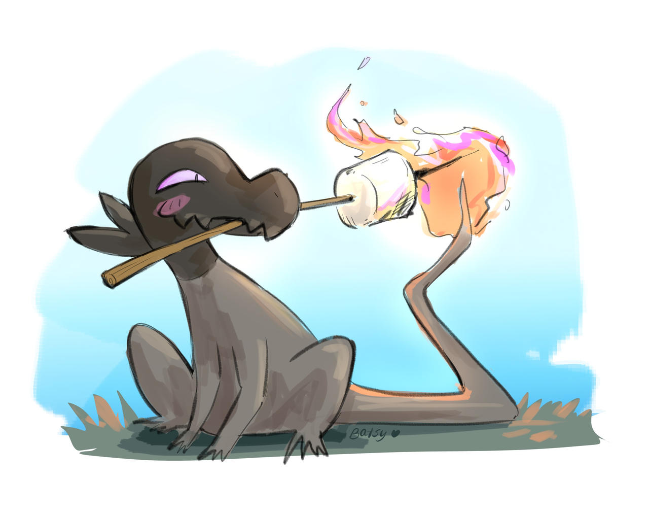 iheartbatsy, salandit, nintendo, pokemon, commentary, english commentary, animal focus, artist name, blush, blush stickers, fire, flame-tipped tail, food, full body, gen 7 pokemon, grass, heart, lizard, marshmallow, mouth hold, no humans, pokemon (creature), pokemon focus, roasted marshmallow, smile, solo, tail