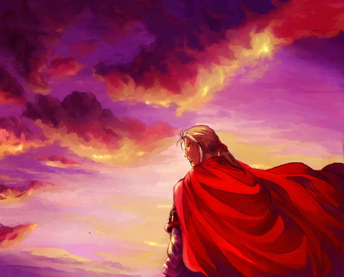 botsuyuu gekkou, king tai (juuni kokuki), juuni kokuki, silver hair, 1boy, cape, closed mouth, cloud, evening, from behind, long hair, looking at viewer, looking back, low ponytail, male focus, ponytail, purple sky, red cape, shoulder pads, sketch, sky, smile, solo, sunset, upper body