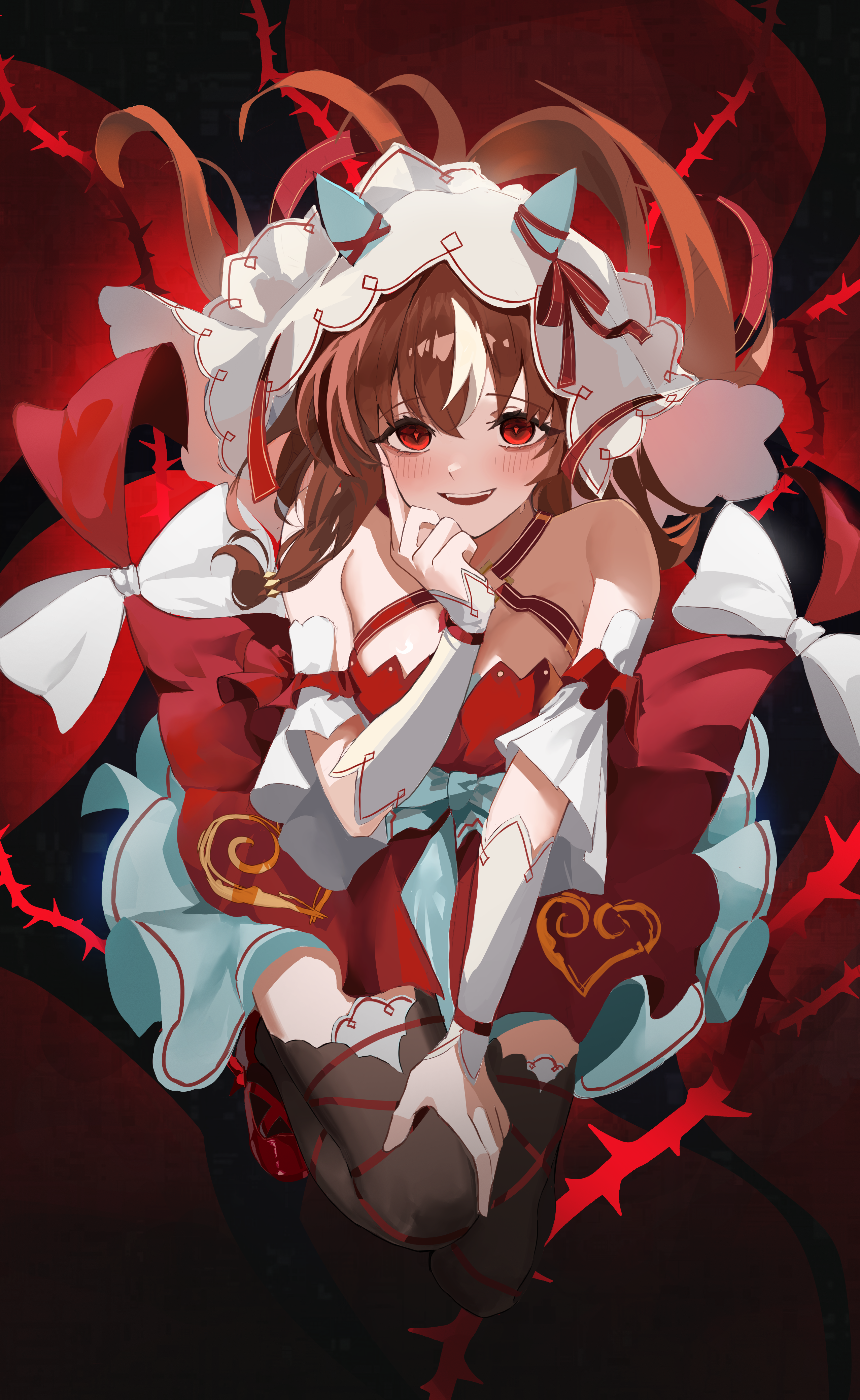 yoru (yorumi), still in love (umamusume), umamusume, absurdres, highres, 1girl, animal ears, bare shoulders, black thighhighs, brown hair, detached sleeves, dress, from behind, hair between eyes, hand on own face, horse ears, horse girl, long hair, looking at viewer, open mouth, red dress, red eyes, red shoes, shoes, solo, teeth, thighhighs, upper teeth only, veil, white sleeves, white veil