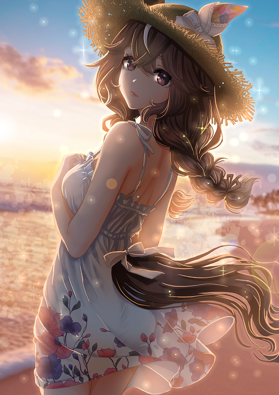 otono (bkt4b), curren bouquetd'or (umamusume), umamusume, highres, 1girl, animal ears, bare arms, bare shoulders, closed mouth, dress, floral print, floral print dress, from behind, hair between eyes, hat, horse ears, horse girl, horse tail, long braid, long hair, looking at viewer, print dress, sleeveless, sleeveless dress, solo, straw hat, sun hat, sundress, tail, white dress