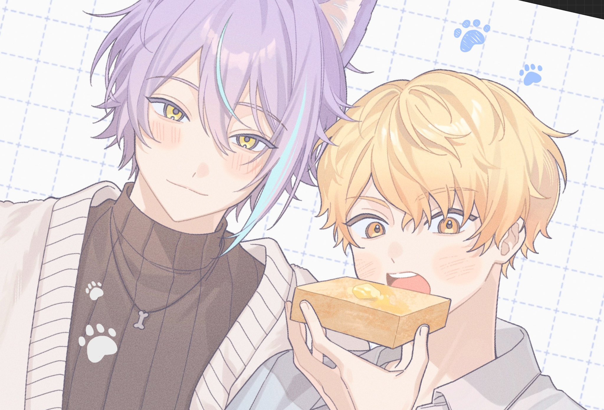 akii 0915, kamishiro rui, tenma tsukasa, project sekai, commentary, highres, 2boys, animal ears, black shirt, blonde hair, blush, bone charm, bread, bread slice, butter, closed mouth, collared shirt, dot nose, double-parted bangs, eating, food, grid background, hair between eyes, holding, holding food, jewelry, kemonomimi mode, male focus, multicolored hair, multiple boys, necklace, parted bangs, paw print, purple hair, shirt, streaked hair, sweater, toast, turtleneck, upper body, white shirt, white sweater, wing collar, yellow eyes