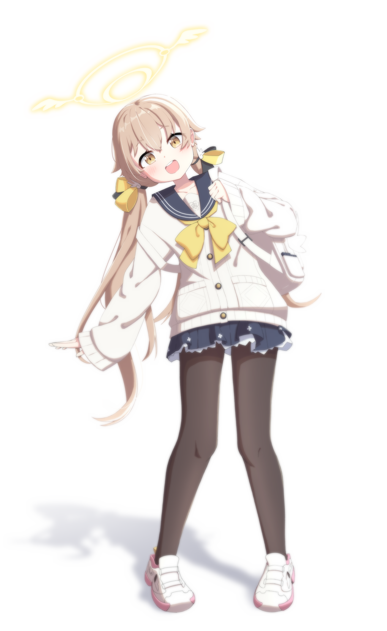 xotkd5972, hifumi (blue archive), blue archive, highres, 1girl, backpack, bag, black pantyhose, black sailor collar, black skirt, bow, brown hair, buttons, cardigan, collarbone, full body, hair bow, hair ornament, hair ribbon, halo, holding, holding bag, leaning to the side, neckerchief, pantyhose, pleated skirt, ribbon, sailor collar, school uniform, serafuku, shadow, shoes, skirt, sneakers, standing, white background, white cardigan, white serafuku, white shoes, wing hair ornament, yellow eyes, yellow halo, yellow neckerchief