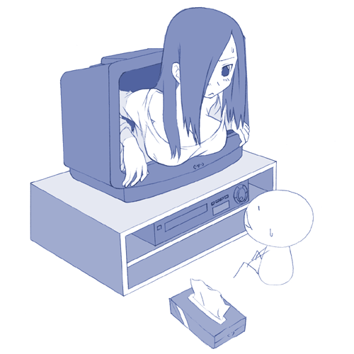 yamamura sadako, 2channel, the ring, lowres, tagme, 1boy, 1girl, blue theme, blush, breast rest, breasts, cleavage, crt, dress, eye contact, female focus, hair over one eye, large breasts, long hair, looking at another, monochrome, no bra, off-shoulder dress, off shoulder, parody, simple background, sitting, solo, sweatdrop, television, through medium, through screen, tissue, tissue box, videocassette recorder, white background