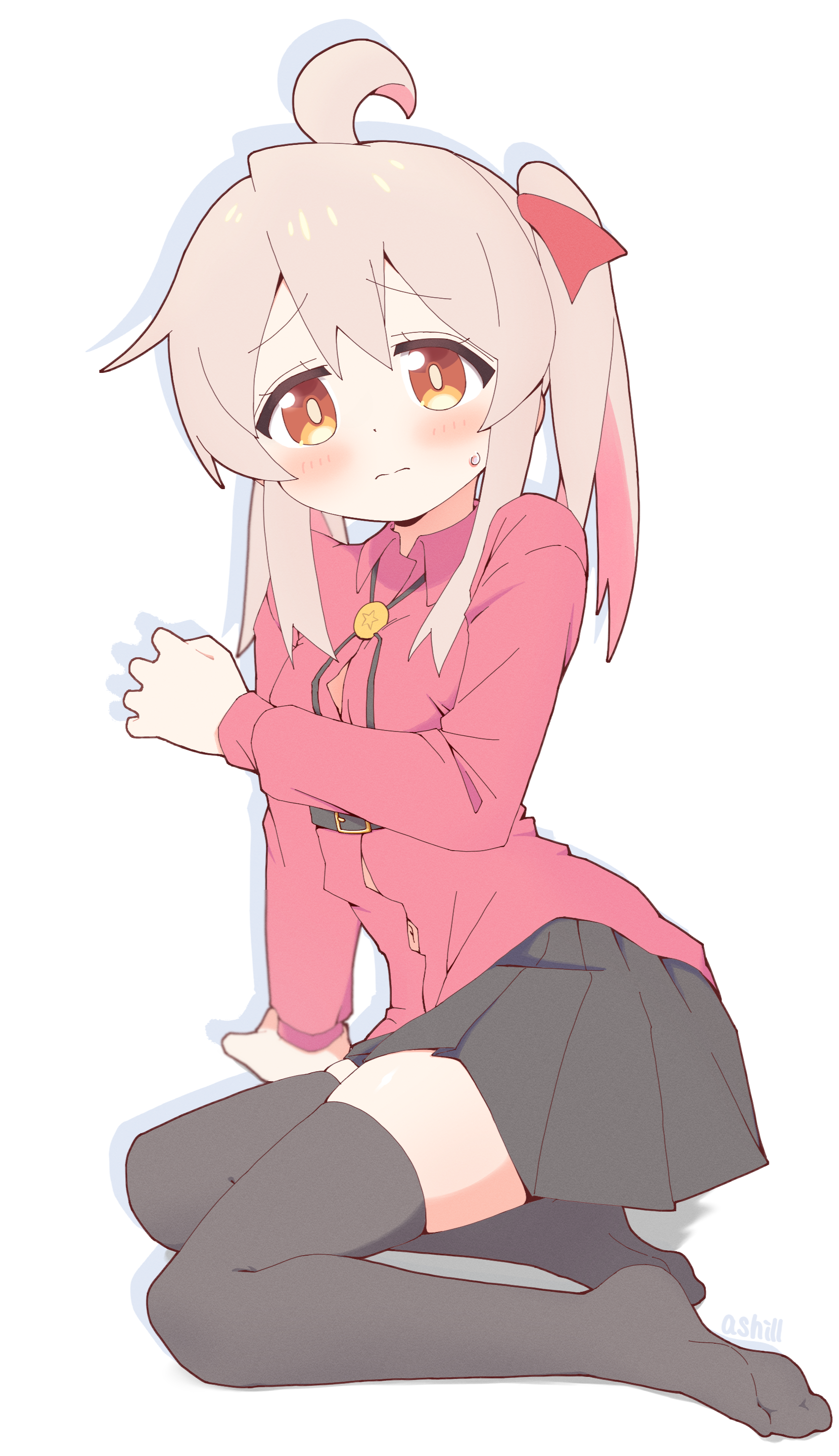 ash (ash illustrator), oyama mahiro, oyama mihari, onii-chan wa oshimai!, absurdres, commentary, highres, 1girl, ahoge, alternate legwear, artist name, belt, black skirt, black thighhighs, blush, bolo tie, brown eyes, button gap, cosplay, dot nose, full body, hair ribbon, long hair, long sleeves, looking at viewer, navel, no shoes, oyama mihari (cosplay), pink hair, pleated skirt, red ribbon, red shirt, ribbon, shirt, simple background, sitting, skirt, solo, sweatdrop, thighhighs, twintails, white background, wing collar, yokozuwari